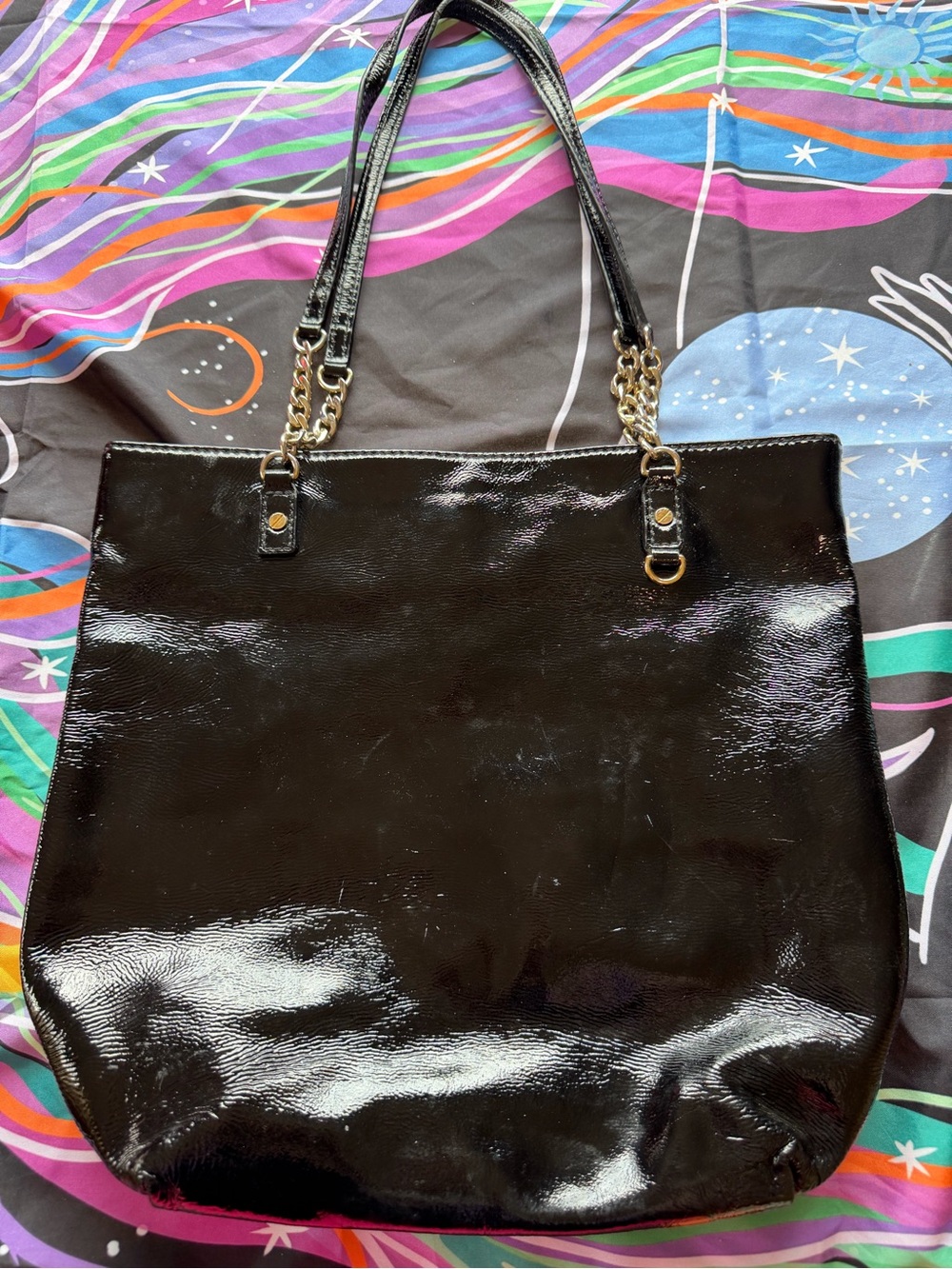 Michael Kors Black Patent Leather Shoulder Tote with Gold Chain Straps